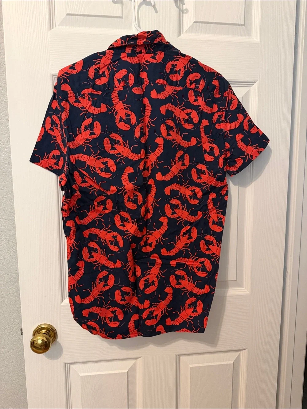 J. Crew Navy Short-Sleeve Button-Down with Red Lobster Print